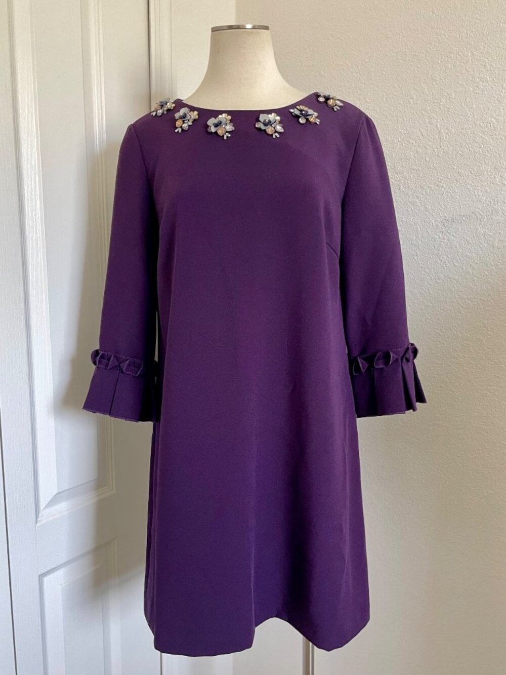 Tahari ASL Embellished Neck Stretch Crepe Mini Dress Pleated Bell Sleeves 10 - Picture 3 of 13